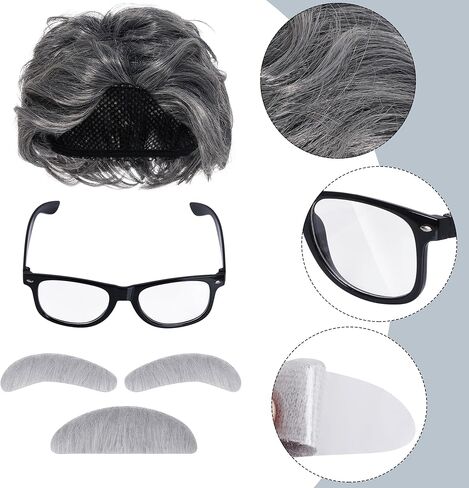 8PCS Old Man Costume Wig 100 Days Costume Grandpa Accessories Set with Gray Wig, Eyebrows, Mustache, Glasses, Bow Tie, Necktie, Suspender, Cane for Halloween Cosplay in Saudi Arabia