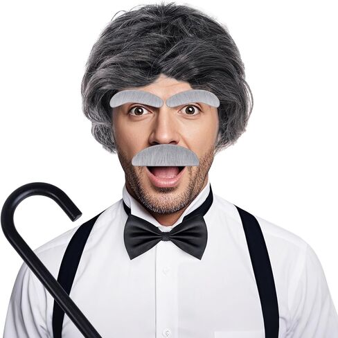 8PCS Old Man Costume Wig 100 Days Costume Grandpa Accessories Set with Gray Wig, Eyebrows, Mustache, Glasses, Bow Tie, Necktie, Suspender, Cane for Halloween Cosplay in Saudi Arabia