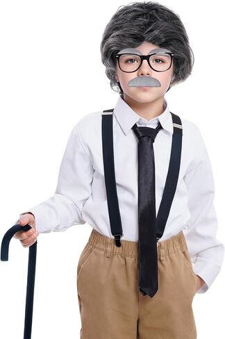 8PCS Old Man Costume Wig 100 Days Costume Grandpa Accessories Set with Gray Wig, Eyebrows, Mustache, Glasses, Bow Tie, Necktie, Suspender, Cane for Halloween Cosplay in Saudi Arabia