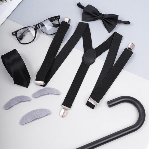 8PCS Old Man Costume Wig 100 Days Costume Grandpa Accessories Set with Gray Wig, Eyebrows, Mustache, Glasses, Bow Tie, Necktie, Suspender, Cane for Halloween Cosplay in Saudi Arabia