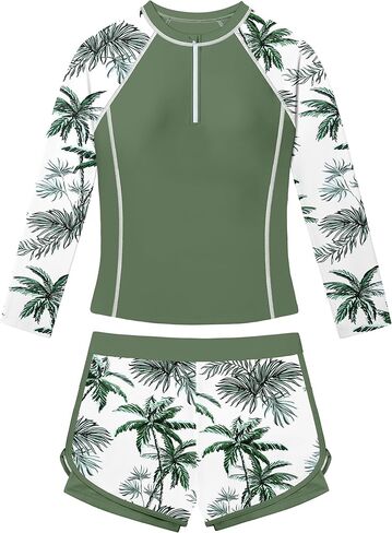 ملابس سباحة للفتيات من Rash Guard مكونة من قطعتين بسحاب ربع وأكمام طويلة للحماية من الشمس بدلة استحمام + شورت سباحة للفتيات 9-16 سنة in Kuwait