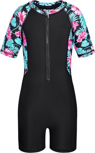 ملابس سباحة HOZIY للفتيات من Rash Guard قطعة واحدة بأكمام قصيرة وسحاب أمامي، ملابس سباحة بعامل حماية من الأشعة فوق البنفسجية 50+ لباس سباحة 4-14 سنة in Kuwait