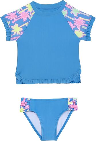 Aqua Green Girls Shortsleeve Ruffle Rashguard Swimsuit and Swim Bottom 2-Piece Set in Saudi Arabia
