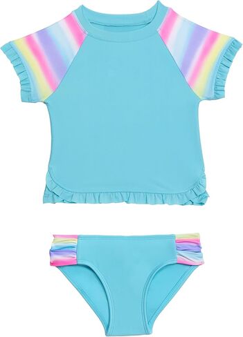 Aqua Green Girls Shortsleeve Ruffle Rashguard Swimsuit and Swim Bottom 2-Piece Set in Saudi Arabia