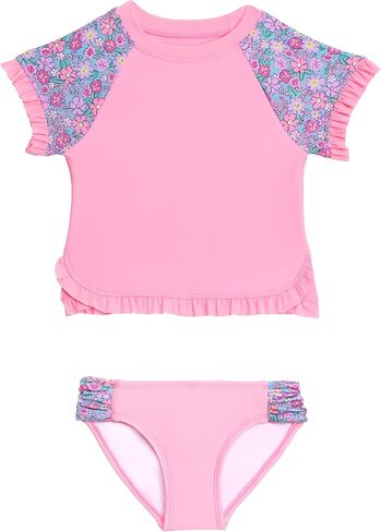 Aqua Green Girls Shortsleeve Ruffle Rashguard Swimsuit and Swim Bottom 2-Piece Set in Saudi Arabia