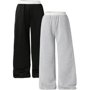 Girl's 2 Pack Wide Leg Pants Elastic Waist Baggy Sweatpants Casual Trousers Gray Black for 8-12 Y in Kuwait