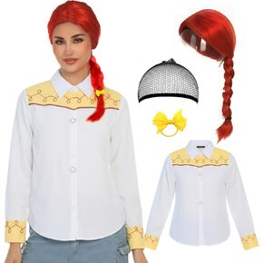 Women's Halloween Cowgirl Costume with Red Braid Wig Shirt and Yellow Bow Hair Tie for Cowgirl Themed Party Dress Up in Kuwait