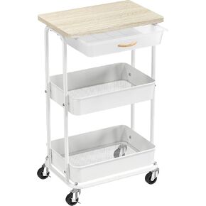 Simple Houseware 3-Tier Rolling Utility Cart with Drawer & Wood Tabletop - Mobile Sofa Side Table, Nightstand, Slim Storage Organizer Trolley for Bedroom, Bathroom, Office & Art Supplies, Rustic Brown in Kuwait
