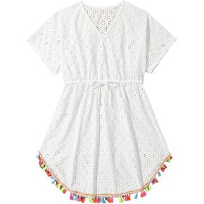 SHENHE Girl's Swim Cover Ups for Swimwear Hollow Out Short Sleeve Beach Tassel Dress Coverup in Saudi Arabia