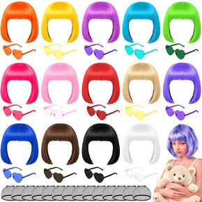 42 Pcs Short Bob Wigs Sunglasses and Wig Caps, Colorful Party Wigs Neon Cosplay Hairpieces for Women Birthday Halloween Bachelorette Party - 14 Bright Colors in Kuwait
