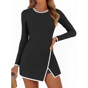 Fisoew Women's Workout Tennis Dress with Built-in Bra & Shorts Pockets Long Sleeve Crewneck Golf Athletic Mini Dresses in Kuwait