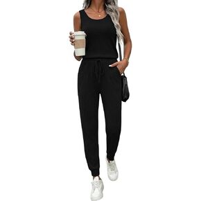 Ekouaer Jumpsuits for Women Summer Sleeveless Ribbed One Piece Romper Dressy Vacation Clothes Travel Outfits Black M in Saudi Arabia