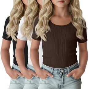 3 Pack Girls Short Sleeve Shirts Ribbed Knit Scoop Neck T-Shirts Kids Solid Tops Slim Fit Casual Tees 5-14 Years in Saudi Arabia