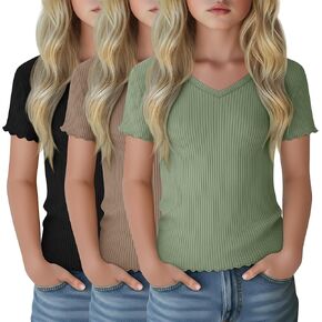 3 Pack Girls Ribbed Shirts Short Sleeve V Neck Slim Fit Kids Lettuce Trim Tops Comfy Cute Basic Tees Summer Youth in Saudi Arabia