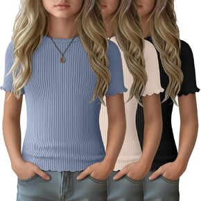 3 Pack Girls' T Shirts Short Sleeve Tees Crew Neck Ribbed Tops Lettuce Trim Cute Basic Solid Tees for 5-14Y in Kuwait