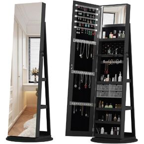 360°Swivel Jewelry Cabinet with Full Length Mirror, 360°Rotating Standing Jewelry Armoire Organizer, Lockable Storage Cabinet, Interior Lighted Mirror (White + MDF-2) in Saudi Arabia