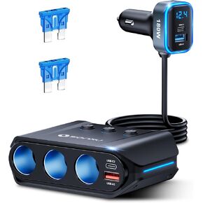 موزع ولاعة سجائر بمقبس 180 وات لشاحن طاقة السيارة، محول ولاعة سجائر USB C مع منفذ Type-C 20 وات ومنفذ USB QC 3.0، 2 صمامات 15 أمبير قابلة للاستبدال، الفولتميتر LED لكاميرا iPhone GPS Dash Cam in Kuwait