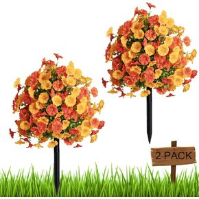 النباتات الاصطناعية في الهواء الطلق الأرجواني الأشجار الكرة توبياري مع ارتفاع الأرض، مجموعة من 2 الشجيرات فو أوراق الخريف 23 "شجيرات وهمية ديكور الخريف في الهواء الطلق حديقة الشرفة الخريف زينة عيد الشكر (أصفر) in Kuwait