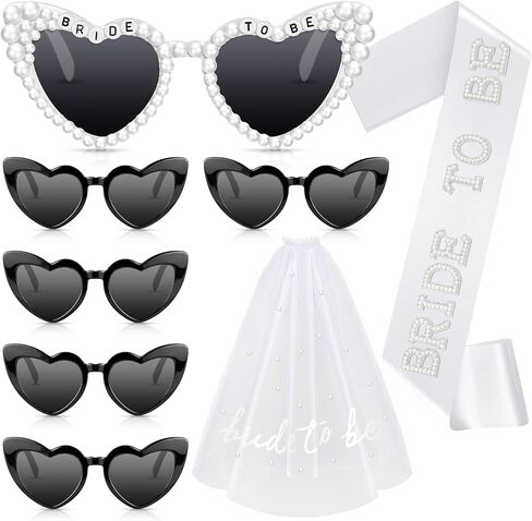 8 Pcs Bachelorette Party Bride to Be Decorations Pearl Heart Sunglasses Pearl Sash Bridal Veil for Wedding Engagement Bridal Shower Favors in Kuwait
