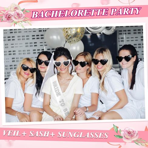 8 Pcs Bachelorette Party Bride to Be Decorations Pearl Heart Sunglasses Pearl Sash Bridal Veil for Wedding Engagement Bridal Shower Favors in Kuwait