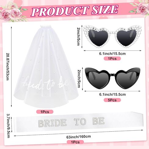 8 Pcs Bachelorette Party Bride to Be Decorations Pearl Heart Sunglasses Pearl Sash Bridal Veil for Wedding Engagement Bridal Shower Favors in Kuwait