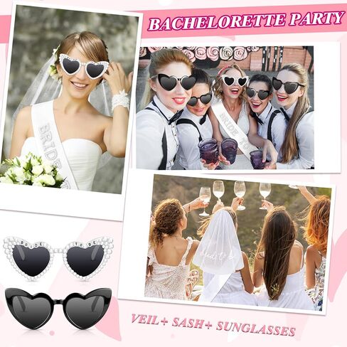 8 Pcs Bachelorette Party Bride to Be Decorations Pearl Heart Sunglasses Pearl Sash Bridal Veil for Wedding Engagement Bridal Shower Favors in Kuwait