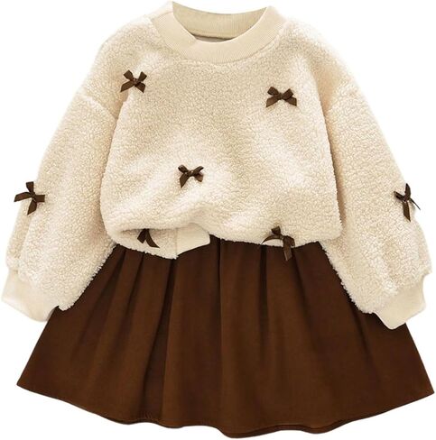 WDIRARA Girl's Cute 2 Piece Outfit Bowknot Fuzzy Sweatshirt Flared A Line Skirt Set in Saudi Arabia