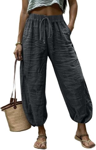 Women Wide Leg Elastic Waist Cotton Linen Harem Pants Baggy Balloon Trouser Vacation Trousers in Saudi Arabia