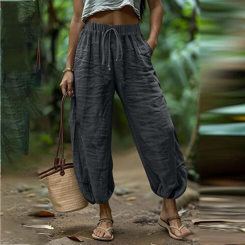 Women Wide Leg Elastic Waist Cotton Linen Harem Pants Baggy Balloon Trouser Vacation Trousers in Saudi Arabia