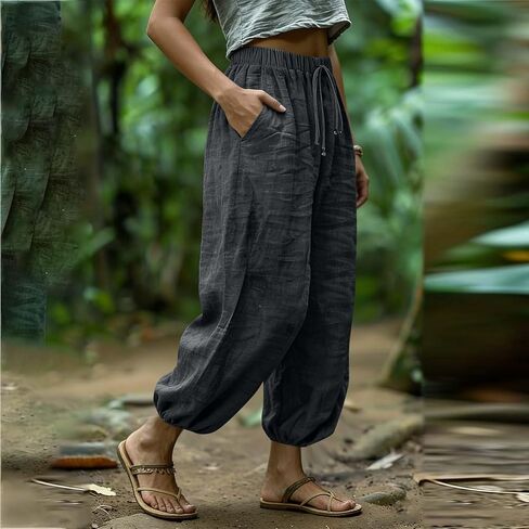 Women Wide Leg Elastic Waist Cotton Linen Harem Pants Baggy Balloon Trouser Vacation Trousers in Saudi Arabia