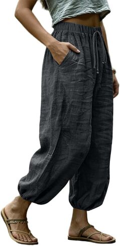 Women Wide Leg Elastic Waist Cotton Linen Harem Pants Baggy Balloon Trouser Vacation Trousers in Saudi Arabia
