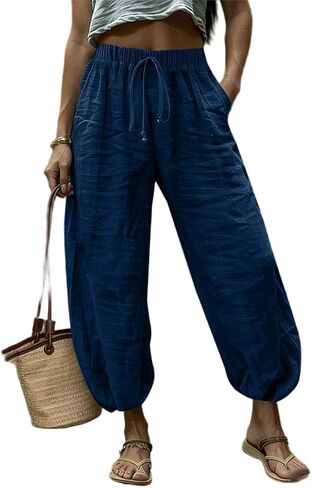 Women Wide Leg Elastic Waist Cotton Linen Harem Pants Baggy Balloon Trouser Vacation Trousers in Saudi Arabia