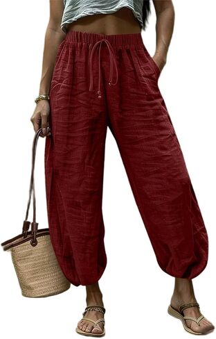 Women Wide Leg Elastic Waist Cotton Linen Harem Pants Baggy Balloon Trouser Vacation Trousers in Saudi Arabia