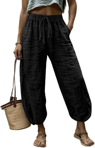 Women Wide Leg Elastic Waist Cotton Linen Harem Pants Baggy Balloon Trouser Vacation Trousers in Saudi Arabia