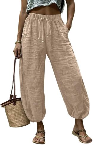 Women Wide Leg Elastic Waist Cotton Linen Harem Pants Baggy Balloon Trouser Vacation Trousers in Saudi Arabia