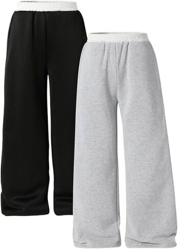 Girl's 2 Pack Wide Leg Pants Elastic Waist Baggy Sweatpants Casual Trousers Gray Black for 8-12 Y in Kuwait