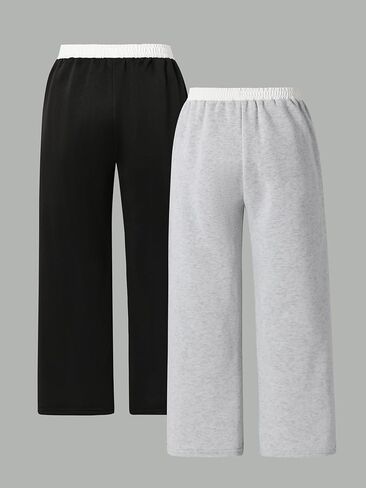 Girl's 2 Pack Wide Leg Pants Elastic Waist Baggy Sweatpants Casual Trousers Gray Black for 8-12 Y in Kuwait