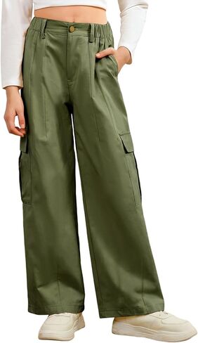 Wyeysyt Girls Sweatpants فضفاض واسع الساق Jogger Trousers Cargo Pants مرونة الخصر مع جيوب in Kuwait