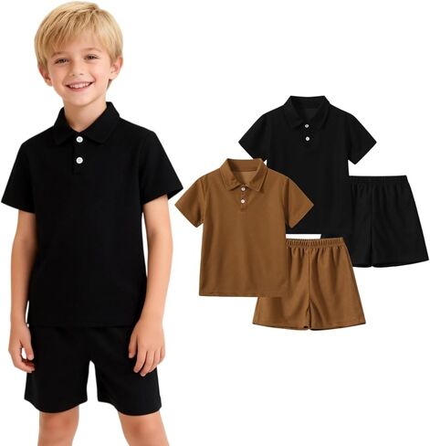 Boys Short Sleeve Polo Shirt Set 4 Pcs Kids Solid Shorts Sets Collared School Uniform Shirts Summer Spring in Saudi Arabia