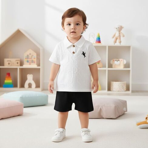 Little Boys Short Sleeve Polo Shirt and Shorts 2 Piece Outfit Set with Horse Embroidery in Saudi Arabia