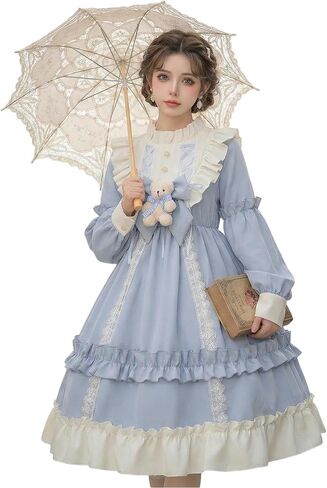 فستان Jieaissna للفتيات لوليتا، زي Kawaii عتيق بتصميم مكشكش وزهور، تنورة تحتية بأكمام طويلة in Kuwait