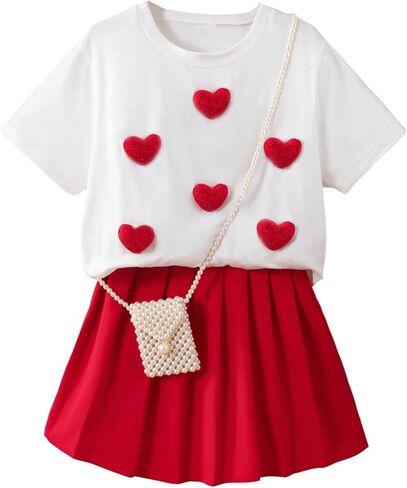 WDIRARA Girl's 2 Piece Outfit 3D Heart Short Sleeve Tee Pleated Skirt Set Cute Outfits in Saudi Arabia
