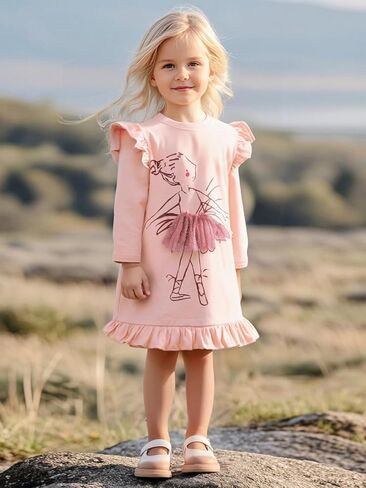 Ballerina Ruffle Long Sleeve Pink Dress with Tulle Skirt Accent and Charming Ballet Design for Girls in Saudi Arabia