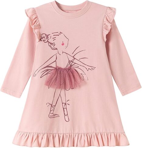 Ballerina Ruffle Long Sleeve Pink Dress with Tulle Skirt Accent and Charming Ballet Design for Girls in Saudi Arabia
