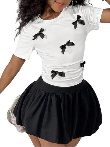 WDIRARA Girl's 2 Piece Outfit Ruched Bow Tee Mini Bubble Skirt Set Cute Outfits in Saudi Arabia