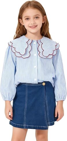 ملابس بناتية بلوزة مخططة بأزرار سفلية وأكمام طويلة وفضفاضة وقميص Preppy + تنانير مع شورت جينز عالي الخصر in Kuwait
