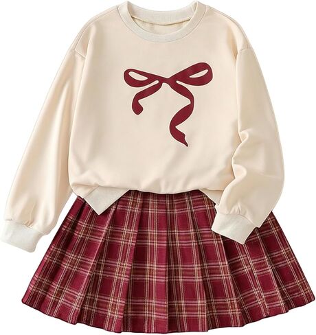WDIRARA Girl's Cute 2 Piece Outfit Bow Graphic Sweatshirt Plaid Pleated Skirt Set in Saudi Arabia