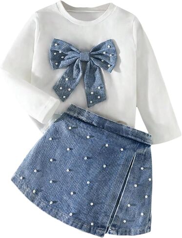 GORGLITTER Girl's Cute Clothing Sets 2 Piece Beaded Bow T Shirt and Denim Skorts Fall Outfits in Saudi Arabia