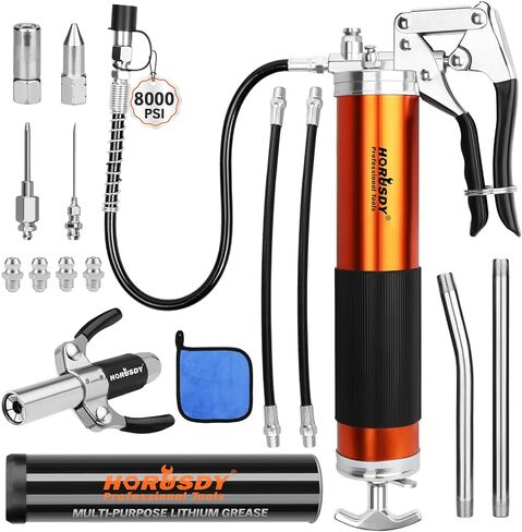 HORUSDY Heavy Duty Grease Gun with 14oz Grease Tubes | Grease Gun Flexible Hose | 7000 PSI | 18 Inch Spring Flex Hose | 2 Working Coupler | 2 Extension Rigid and 1 Sharp Type Nozzle Included in Saudi Arabia