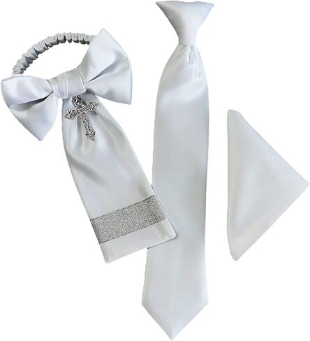 Boys First Holy Communion Necktie Pocket Square and Arm Bow Set Solids and Religous Cross in Kuwait
